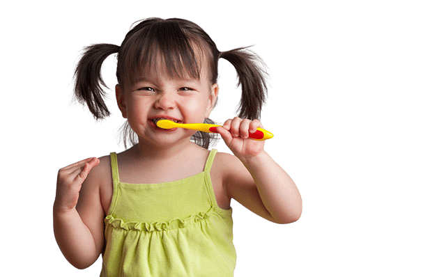 Child dental care : A young kid bruising her teeth